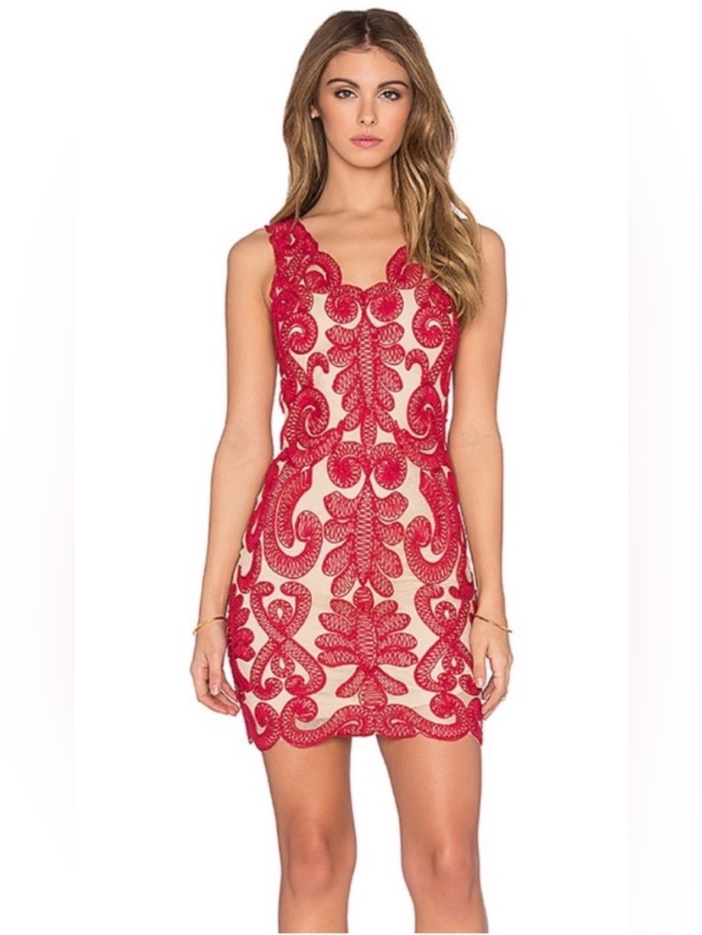 NBD Red Nude Embroidered Lace Mini Dress XS Open Back